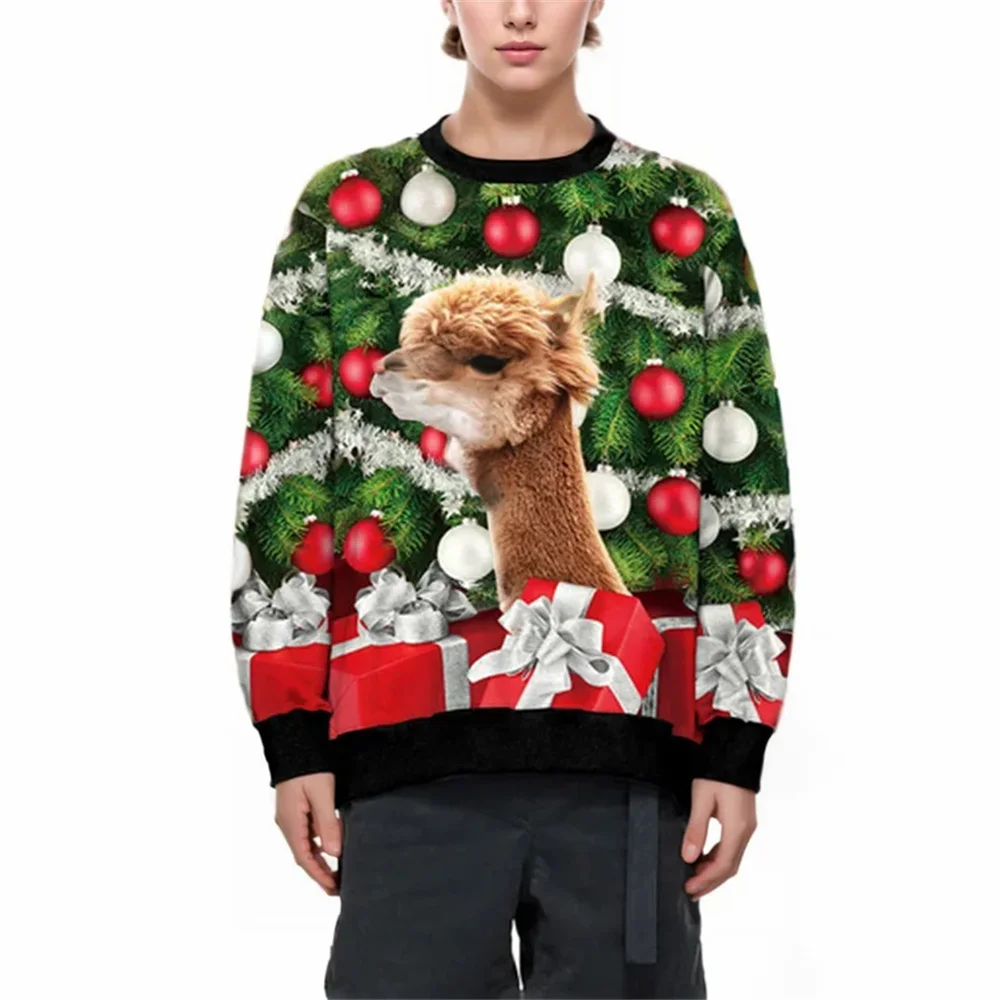 Men Women Holiday Party Sweatshirt 3D Christmas Gift Alpaca Print Tacky Xmas Jumper Tops Unisex Pullover Ugly Christmas Sweater