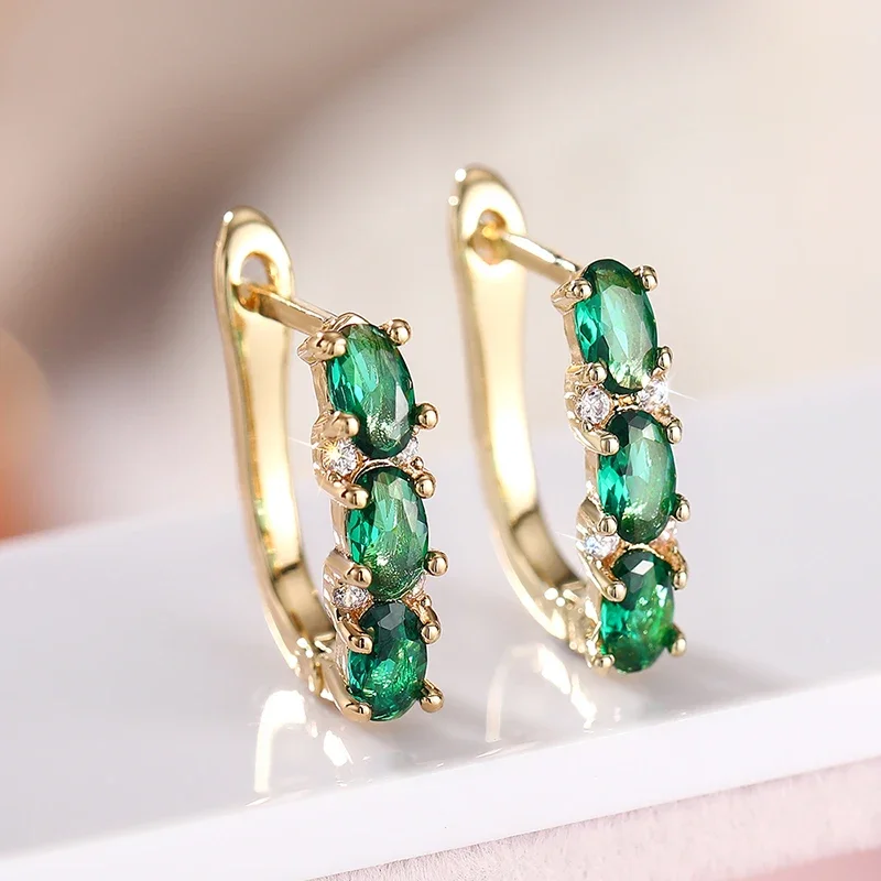 Huitan Fresh Shiny Green Cubic Zirconia Hoop Earrings for Women Newly Trendy Party Ear Accessories Daily Wearable Jewelry Gifts