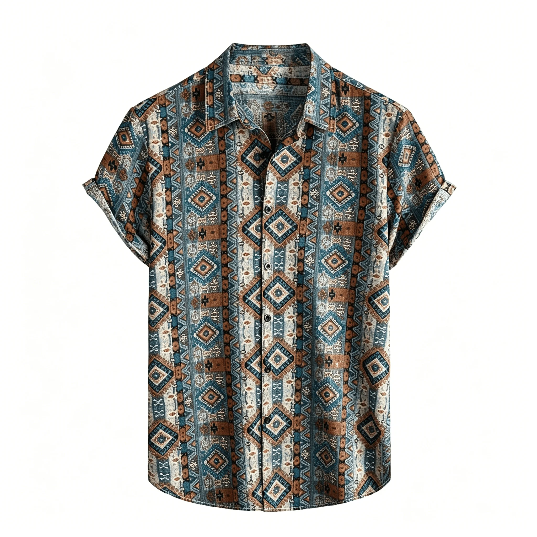 

Men's Ethnic Geometric Print Casual Shirt, Bohemian Style for Spring and Summer, Beach Vacation Casual Wear