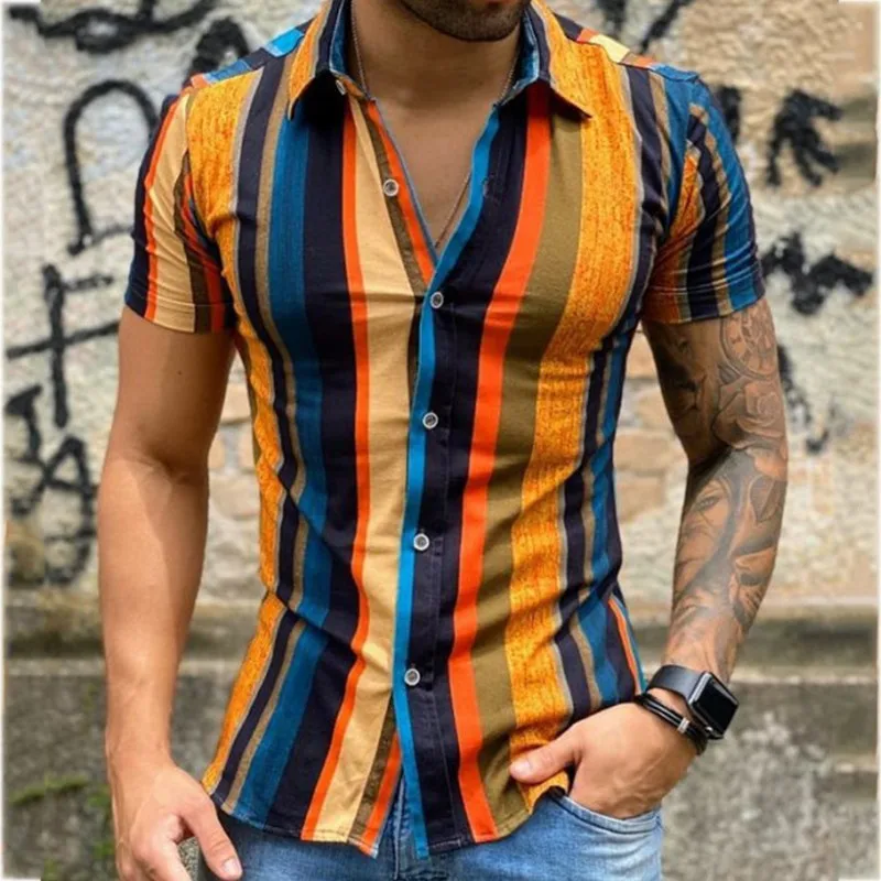 

Summer Casual Tops Masculina Fashion Colorful Striped Mens Shirts Man Stylish Button Up Blouse Trendyol Men Short Sleeve Shirt