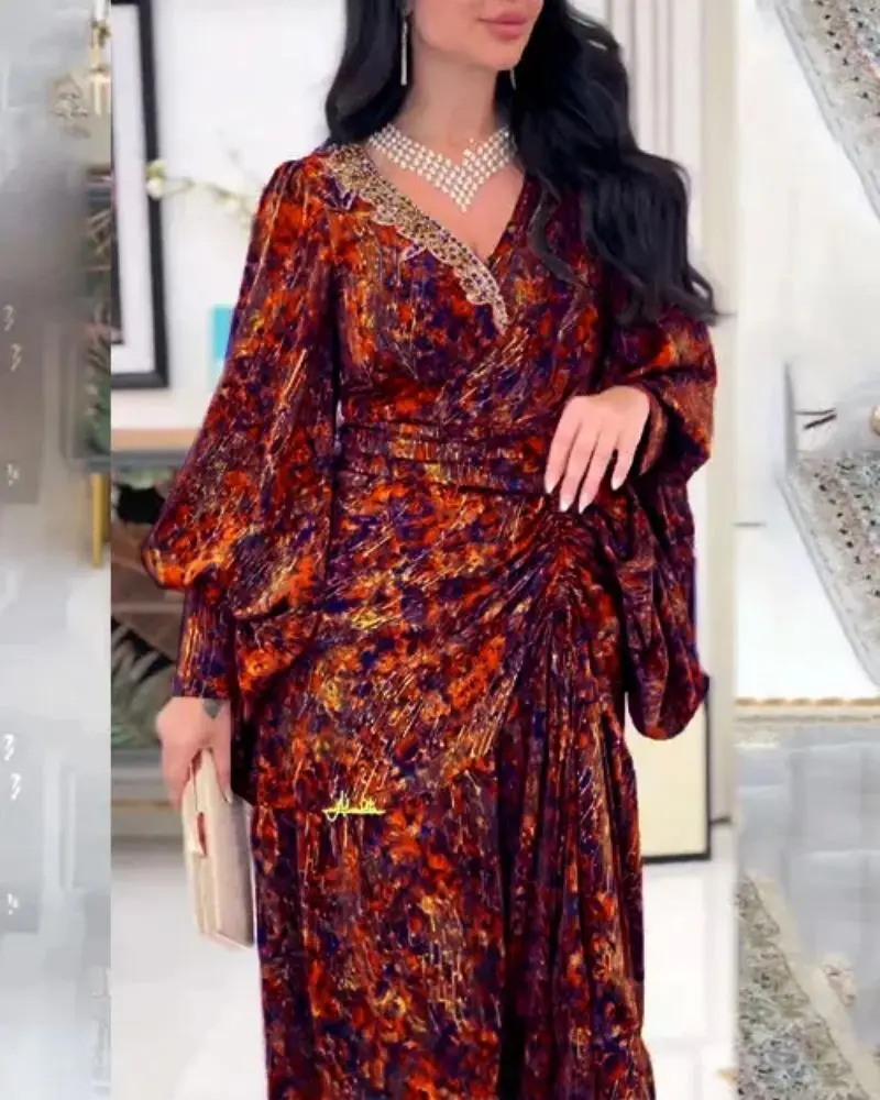 فستان سهرة أنيق للسيدات البالغات مخصص فستان كاجوال بخصر مقسم ورقبة على شكل حرف V فستان مأدبة مطبوع مع حزام #4