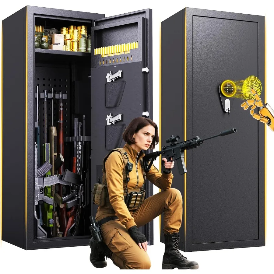Caja fuerte para pistolas 1418 para rifles y pistolas con cerradura biométrica de huellas dactilares, gran estante ajustable para seguridad del hogar, silenciosa