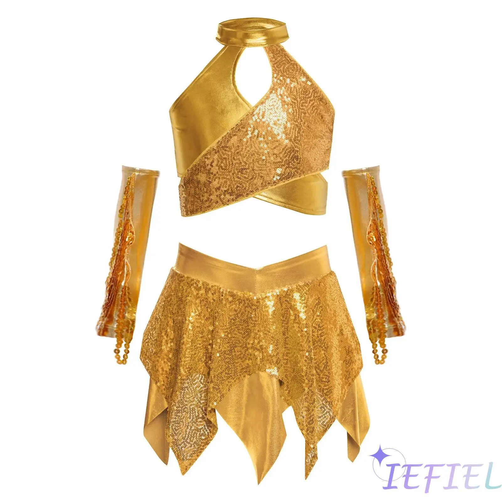 

Kids Girl 3Pcs Hip Hop Street Dance Outfit Cross Keyhole Sparkly Sequins Metallic Crop Top+Skirt+Sequined Gloves Disco Dancewear