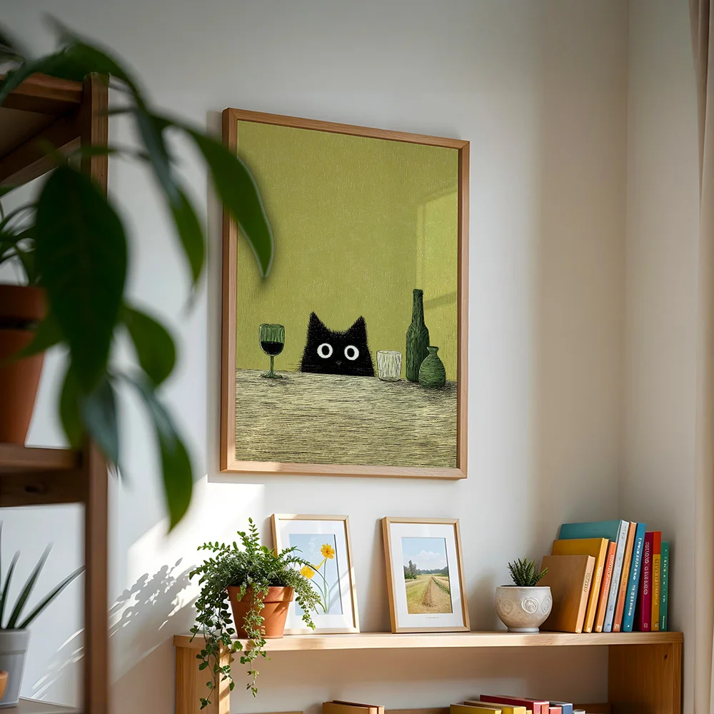Minimal Style Peeking Black Cat Canvas Wall Art, Poster Hanging Decor For Living Room Bar, Aesthetic Home Decoration For Cat Lov