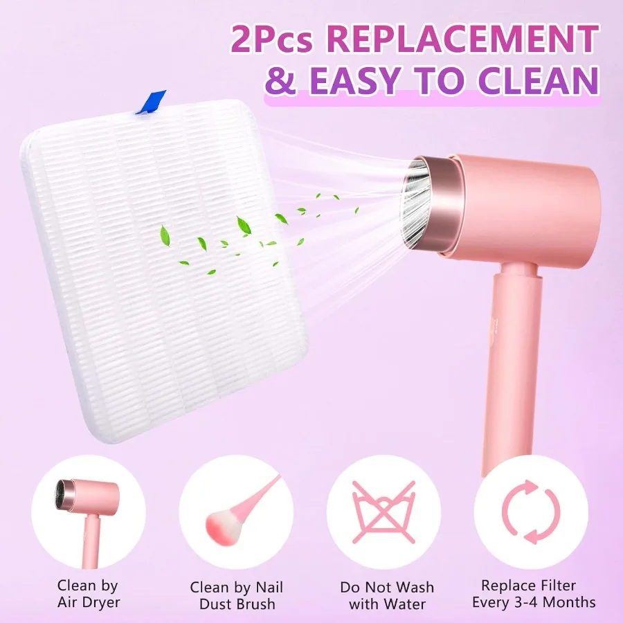 เครื่องดูดฝุ่นเล็บพร้อมไฟ LED 2 ชิ้น ฟิลเตอร์แบบใช้ซ้ำได้ แปรงทำความสะอาด พัดลมดูดฝุ่นเล็บ