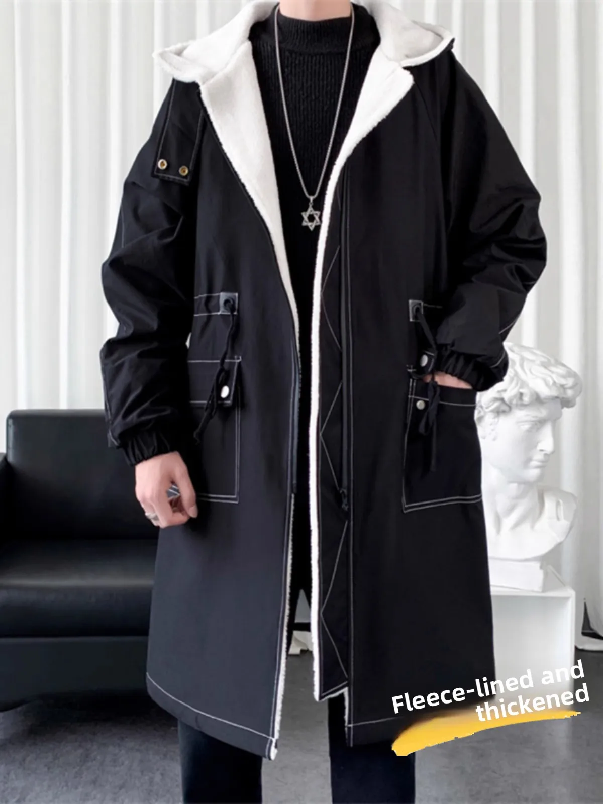 

Lamb Velvet Thiened Winter Cotton Jaet Men's Faion Brand Cotton Coat Autumn Winter Middle-Length Windbreaker Coat