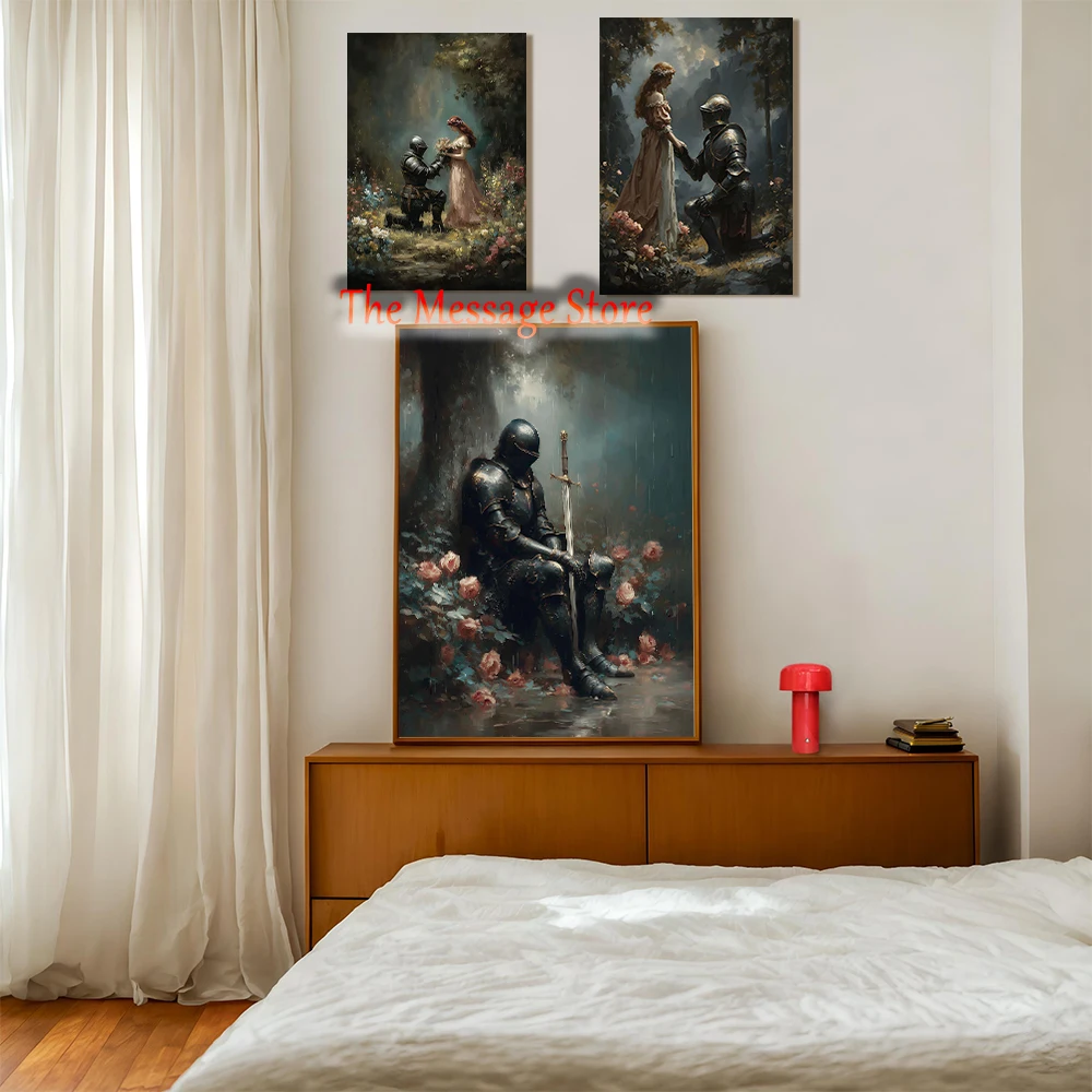 Knight with Floral Gothic Folklore Vintage Knight and Princess Field Dark Romance Poster Canvas Painting Wall Picture Home Decor