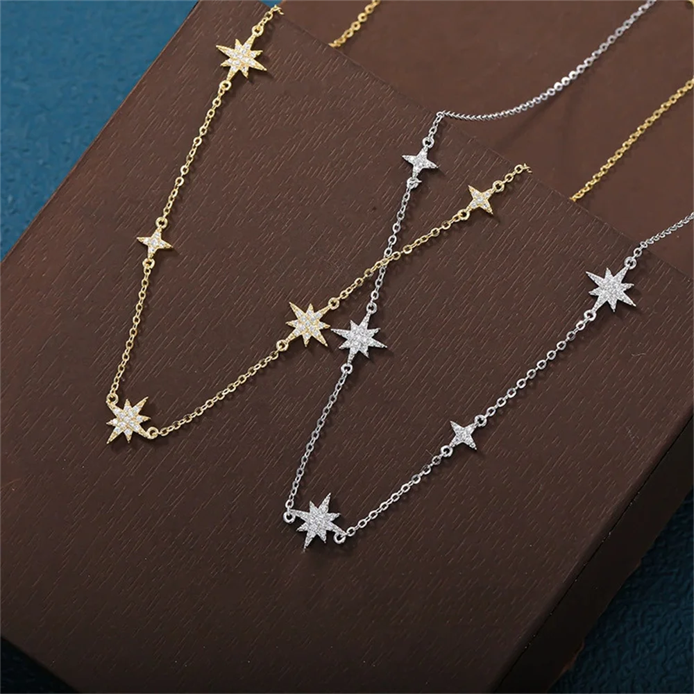 

Korean S925 Sterling Silver Four-Point Star Necklace, Opal-Inlaid Tassel, Versatile Collar Chain Temperament Christmas Gift