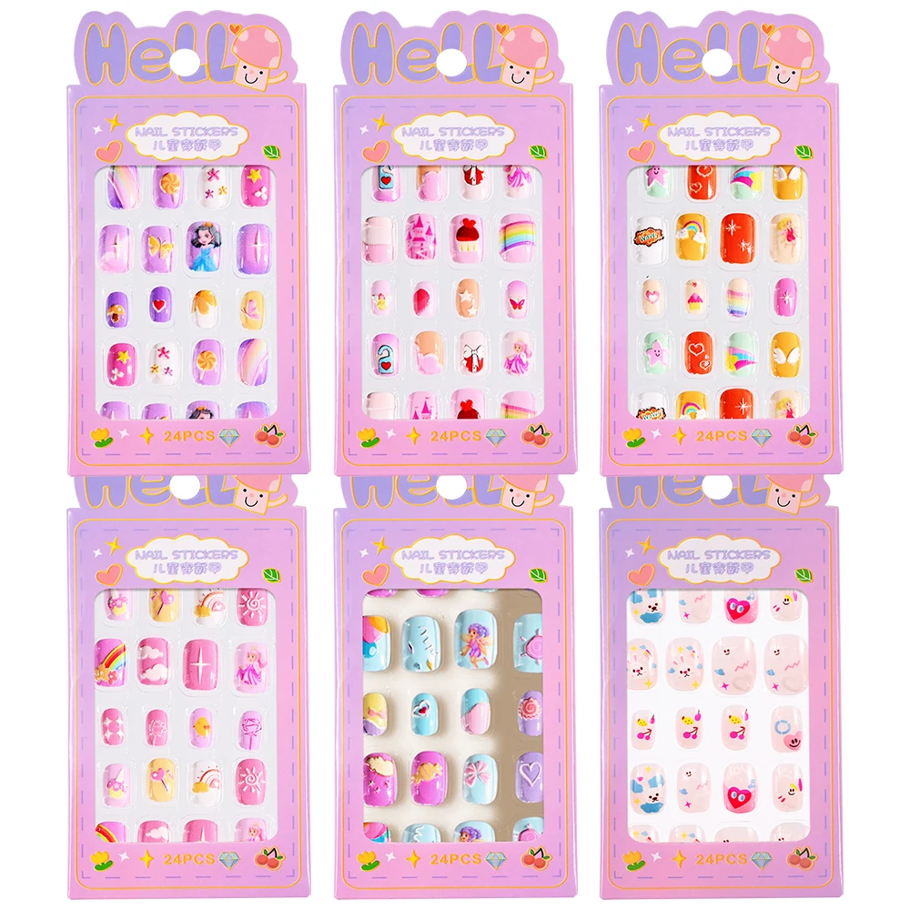 24Pcs/Box Cartoon Children's day False Nail Tips Full Cover Candy Acrylic Artificial False Nails DIY Kawaii Girl Manicure Tips