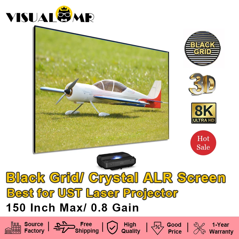 

150-дюймовый VisualMr Black Grid ALR UST Frame Проекционный экран PET Crystal Ambient Light Rejecting 3D 4K 8K короткий проектор
