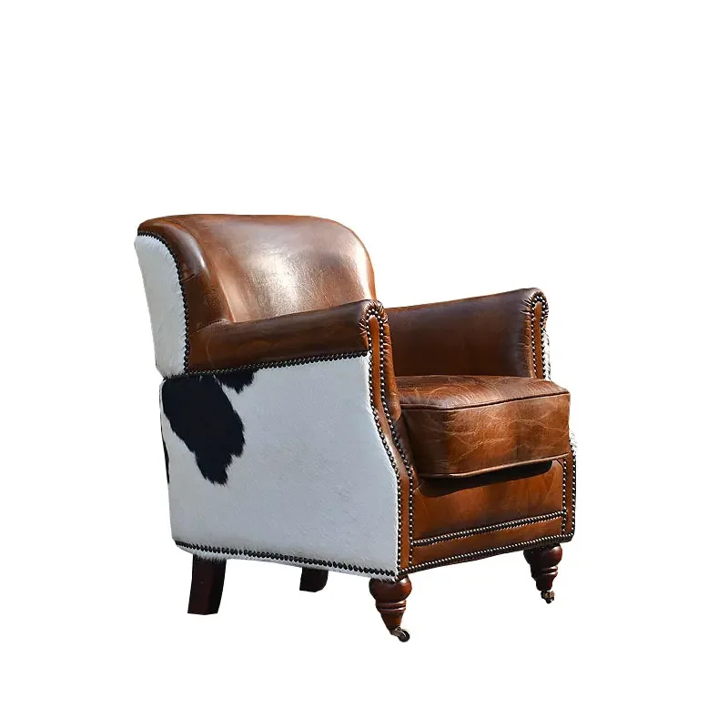 

Handmade leather, all genuine leather, three-sided black and white milk cowhide decoration, single cowhide sofa with fur