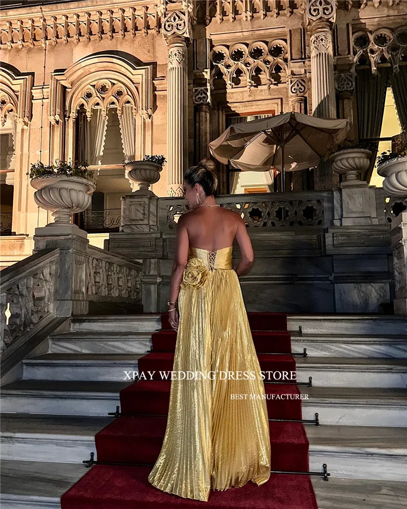 XPAY Sexy Sweetheart Gold Evening Dresses Women Dubai Celebrity Dress Long Sweetheart 3D Flowers Split Shiny Prom Gowns Party