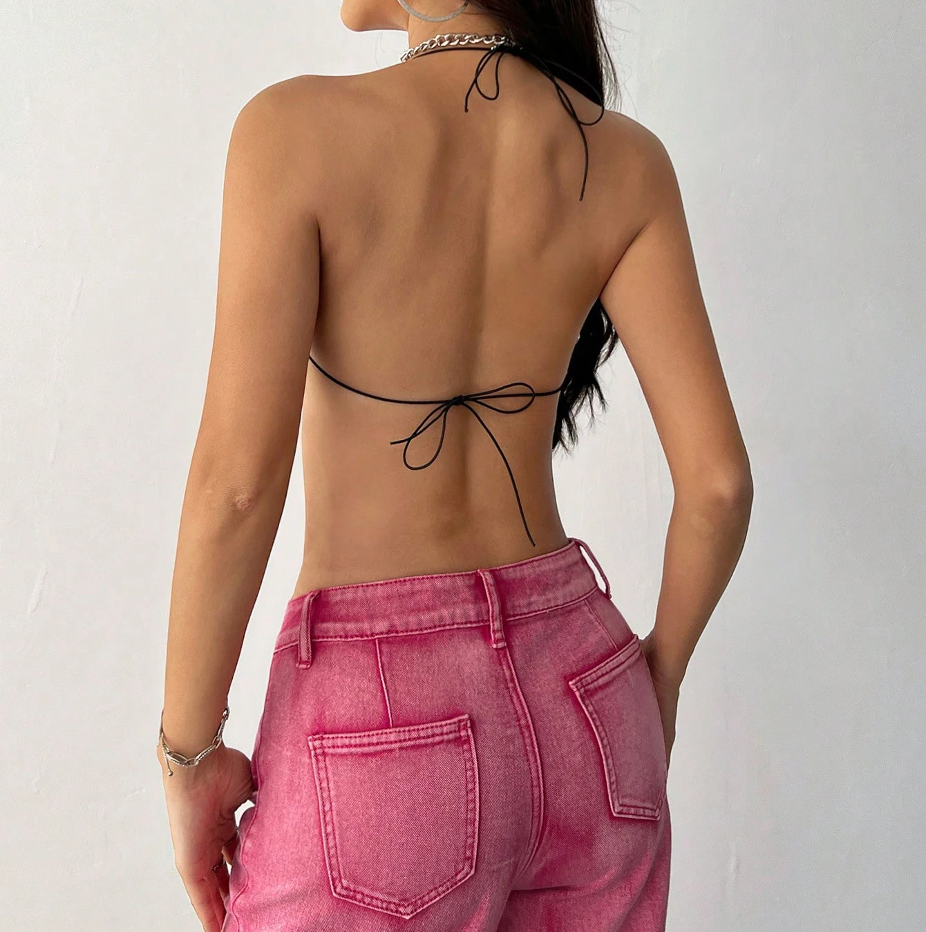 FestivalQueen Sexy Women's Rhinestone Mesh Halter Top With Fringe Necklace Strap And Cutout Back