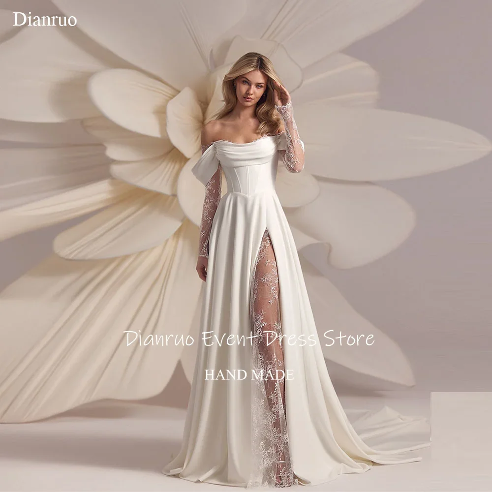 Dianruo tribunal trem apliques vestido de casamento cetim renda vestido de noiva fora do ombro alta fenda vestido de noite romântico personalizado