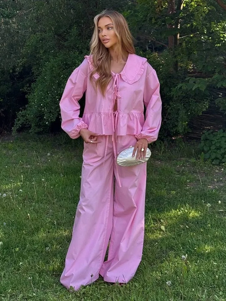 

Baby Collar irt And Wide Leg Pants Set Women's Casual Straight Leg Pants mid Low Waist PVC Pure Color Winter Collection