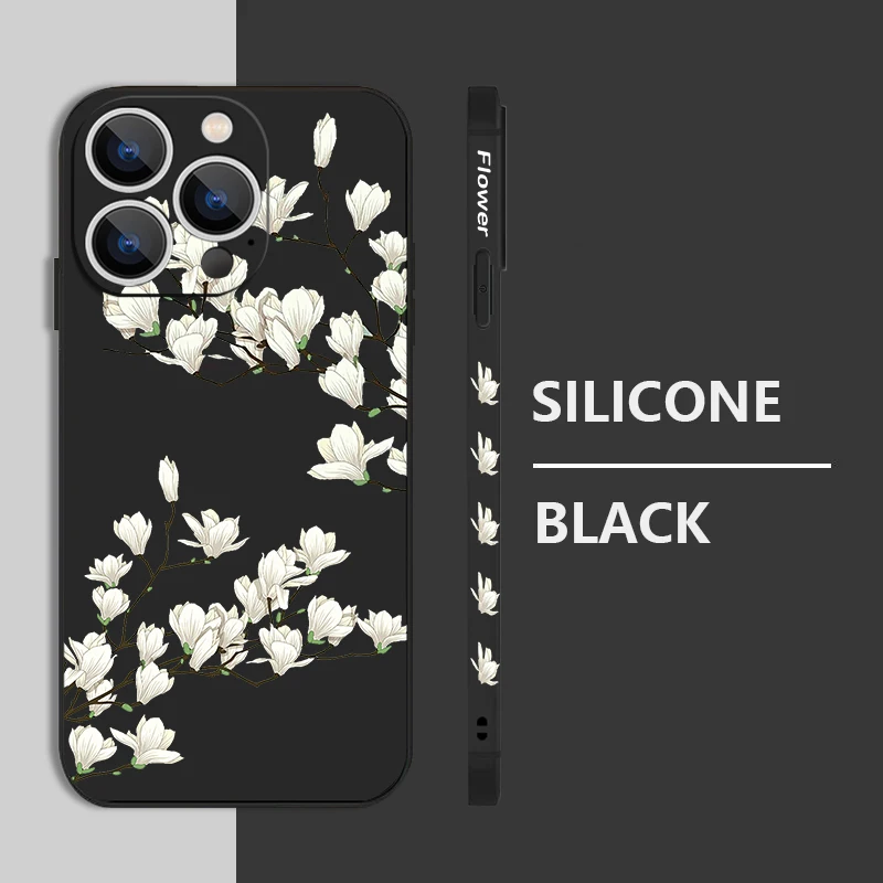 Magnolia Flower Lanyard Case For iPhone 16 15 14 Pro Max Plus Soft Silicone Phone Cover For iPhone 13 12 11 Pro 8 7 XR X XS