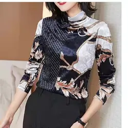 2023 New Shirt Women's Autumn and Winter Half High Neck Retro Slim Fit Embroidered Long Sleeve Top Fashionable Small Shirt