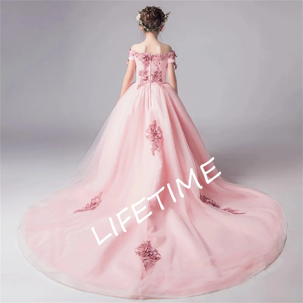 Flower Girl Dresses Pink Puffy Beading Appliques Off Shoulder With Trailing For Wedding Party Birthday Banquet Princess Gowns