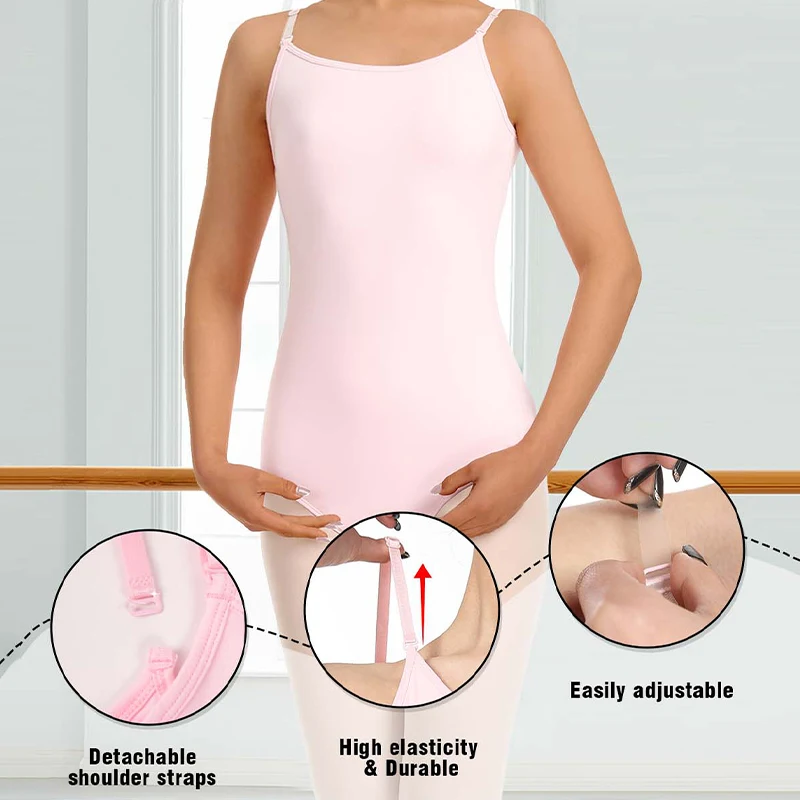 Damski top gimnastyczny do tańca baletowego, trykot z odpinanymi, regulowanymi, elastycznymi i przezroczystymi ramiączkami, pełna podszewka z przodu, odpowiedni do treningów zespołowych.