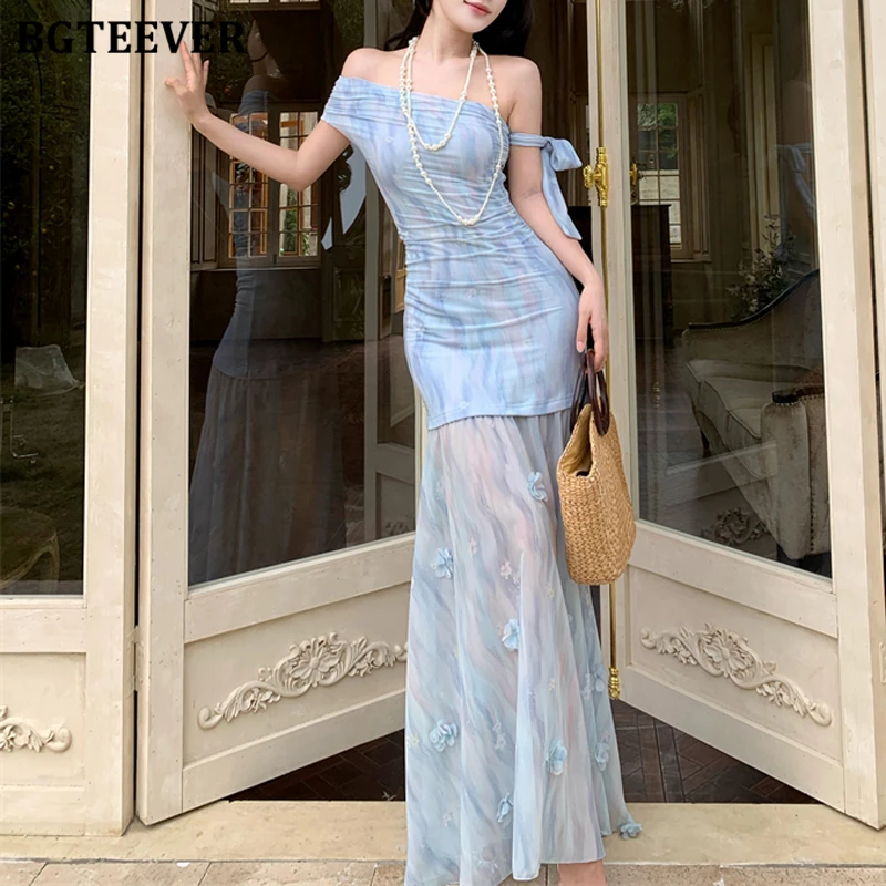 

BGTEEVER Elegant Diagonal Collar Ladies Sleeveless Bodycon Skinny Printed Dress Casual Slim Waist Female Package Hip Dress
