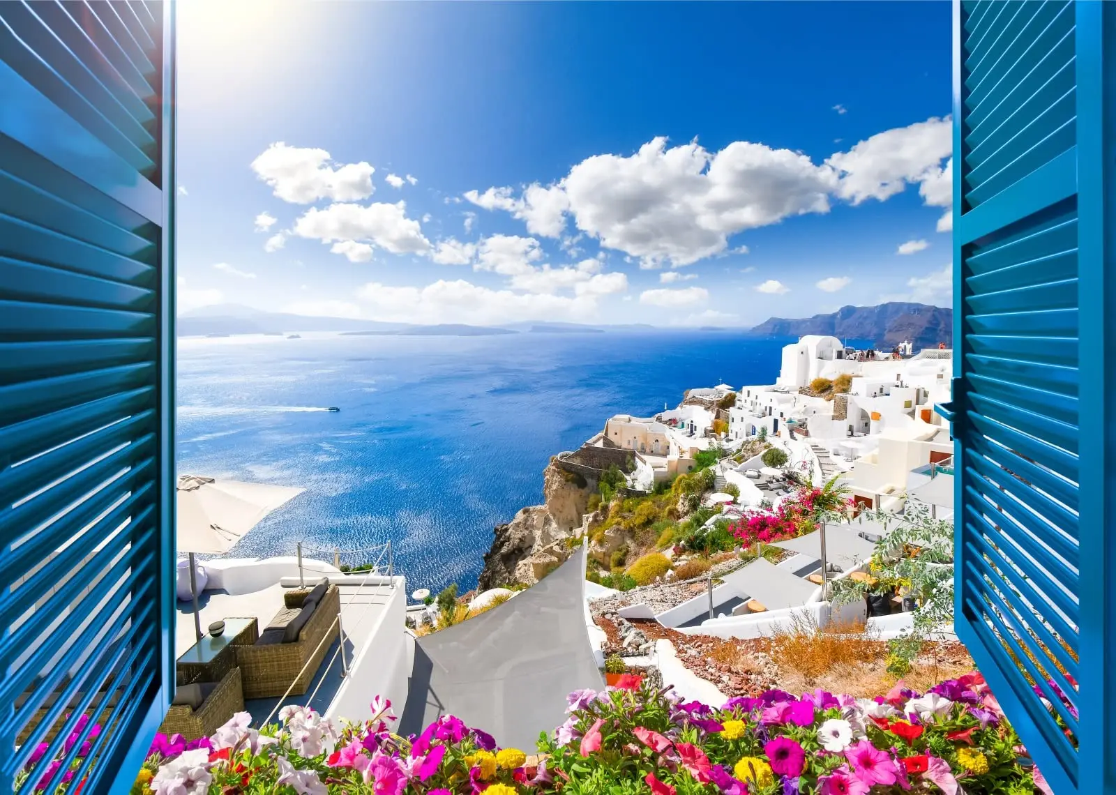 Greece Backdrop Santorini Island Flowers Aegean Sea Window Scenery Background Birthday Party Banner Wedding Photo Booth Props