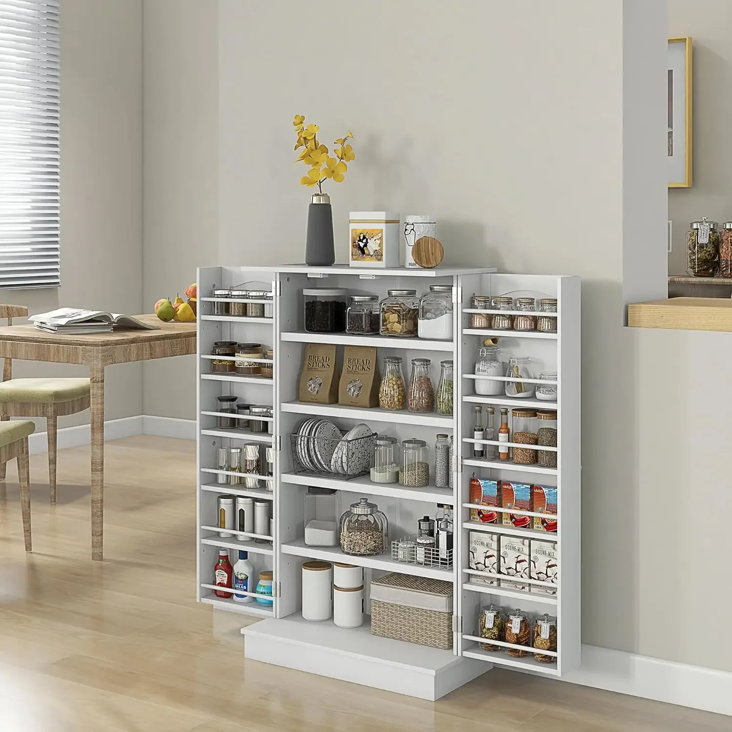 Pantry Storage Cabinet, Freestanding Kitchen Cabinet with 12 Door Shelves, Double Doors, 5-Tier Shelving and Adjustable Shelves,