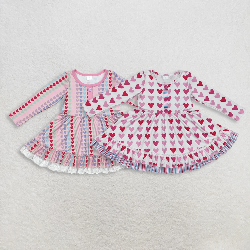 

Sibling Baby Girls Knee-Length Ruffle Dress Long Sleeves Pink Heart Design Valentine's Day Theme Children's Clothing