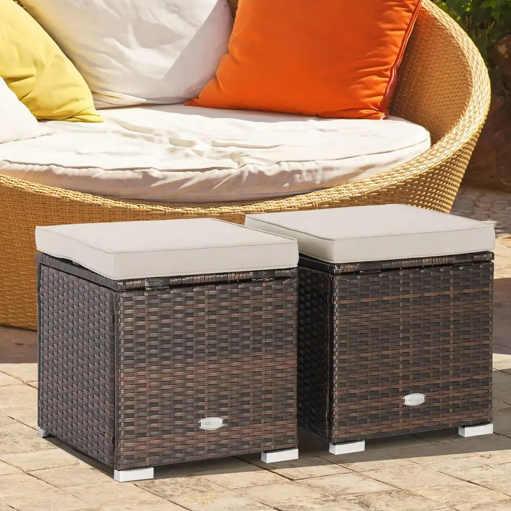 

2PCS Patio Rattan Ottomans Seat Side Table Storage Box Footstool With Cushions