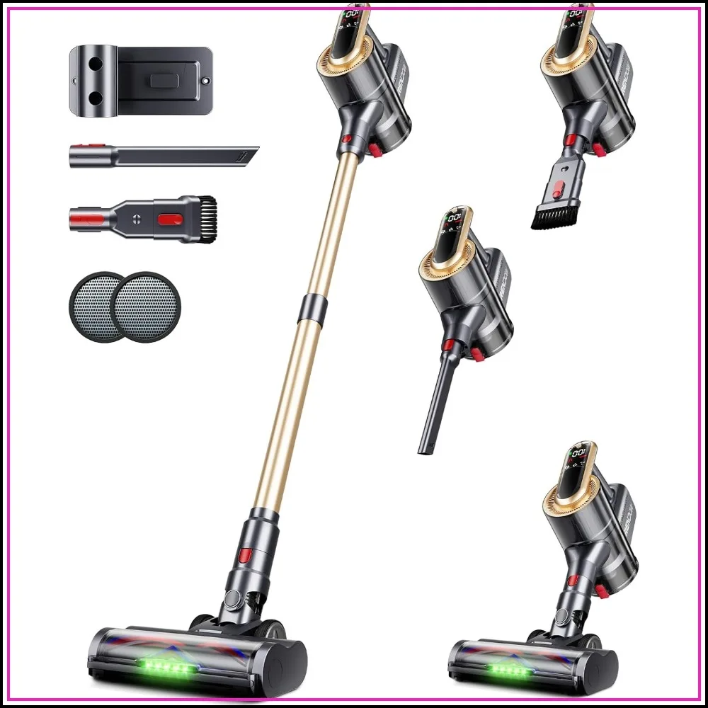 

50KPa 65Mins Cordless Vacuum, Self-Standing Stick with LED Display, Anti-Tangle for Pet Hair/Carpet