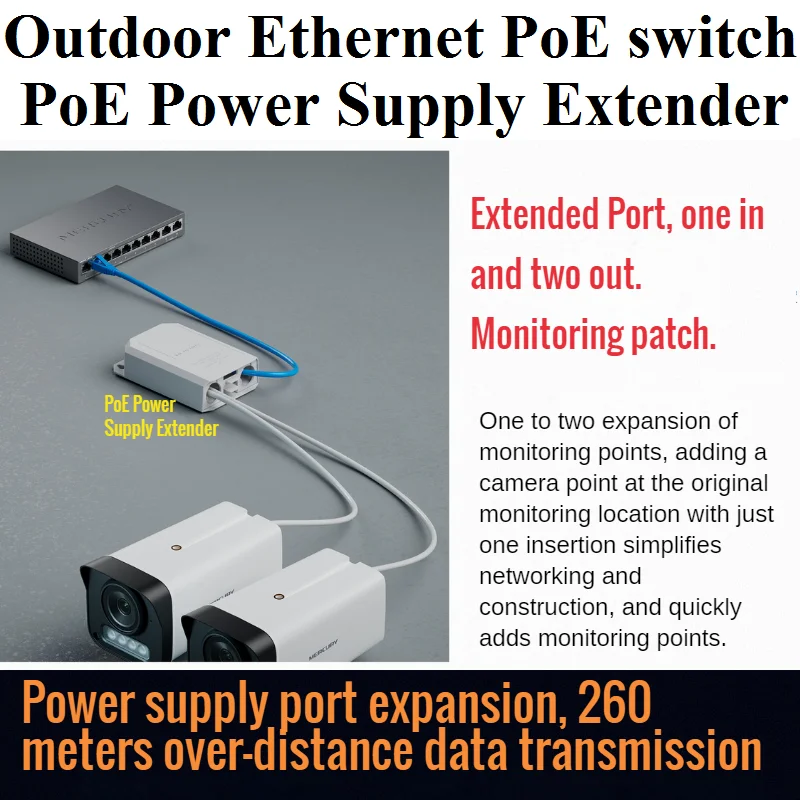 

PoE Power Supply Extender 1 to 2 PoE extended ports, Outdoor Rain-proof water-proof Ethernet PoE switch Plug&Play IEEE802.3af/at