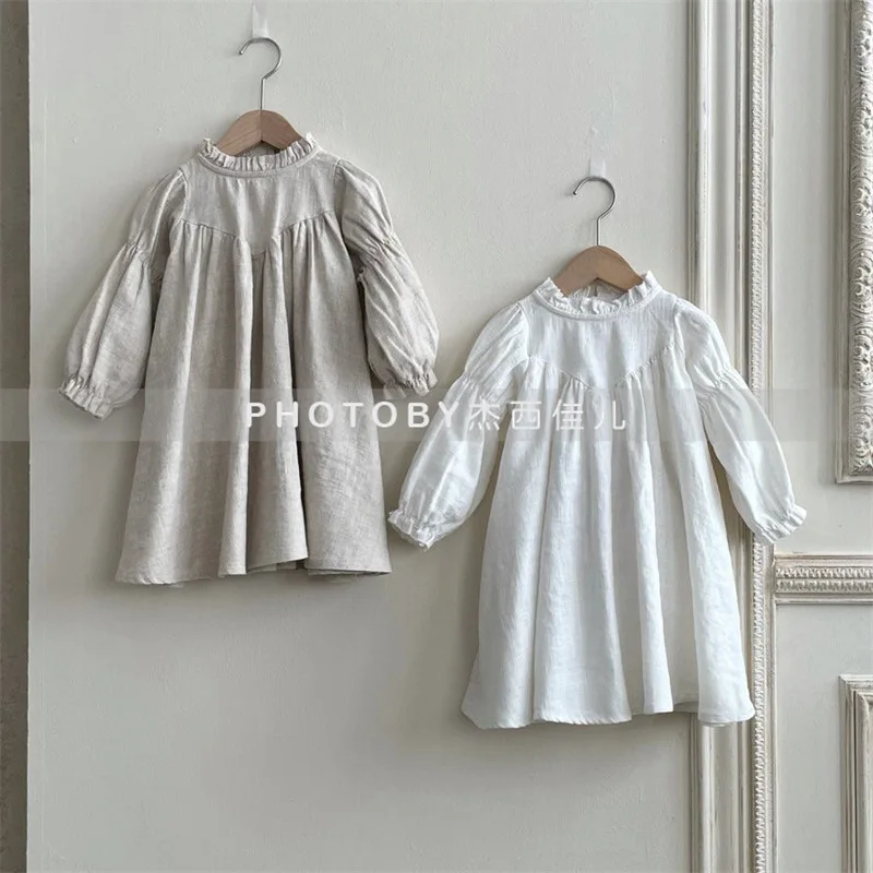 Dress Full Sleeve Knee Length Pullover A-line Solid Regular Cotton New Fashion Simple Sweet Spring Autumn Children Girls