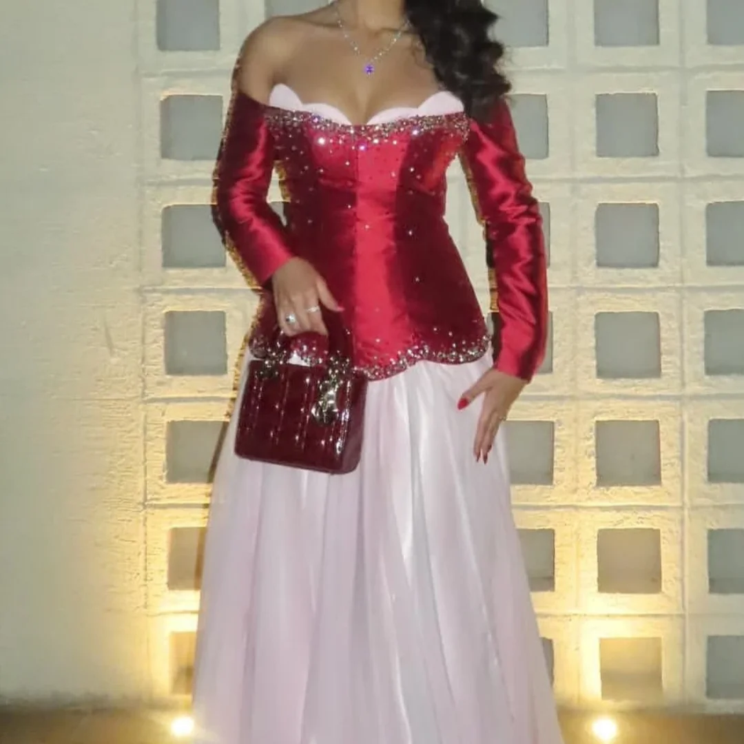 فستان أنيق عتيق مثير باللون الأحمر والوردي بمرآة وخرز كريستالي للأميرة مناسبة رسمية للحفلات الراقصة فساتين الحفلات المسائية حسب الطلب