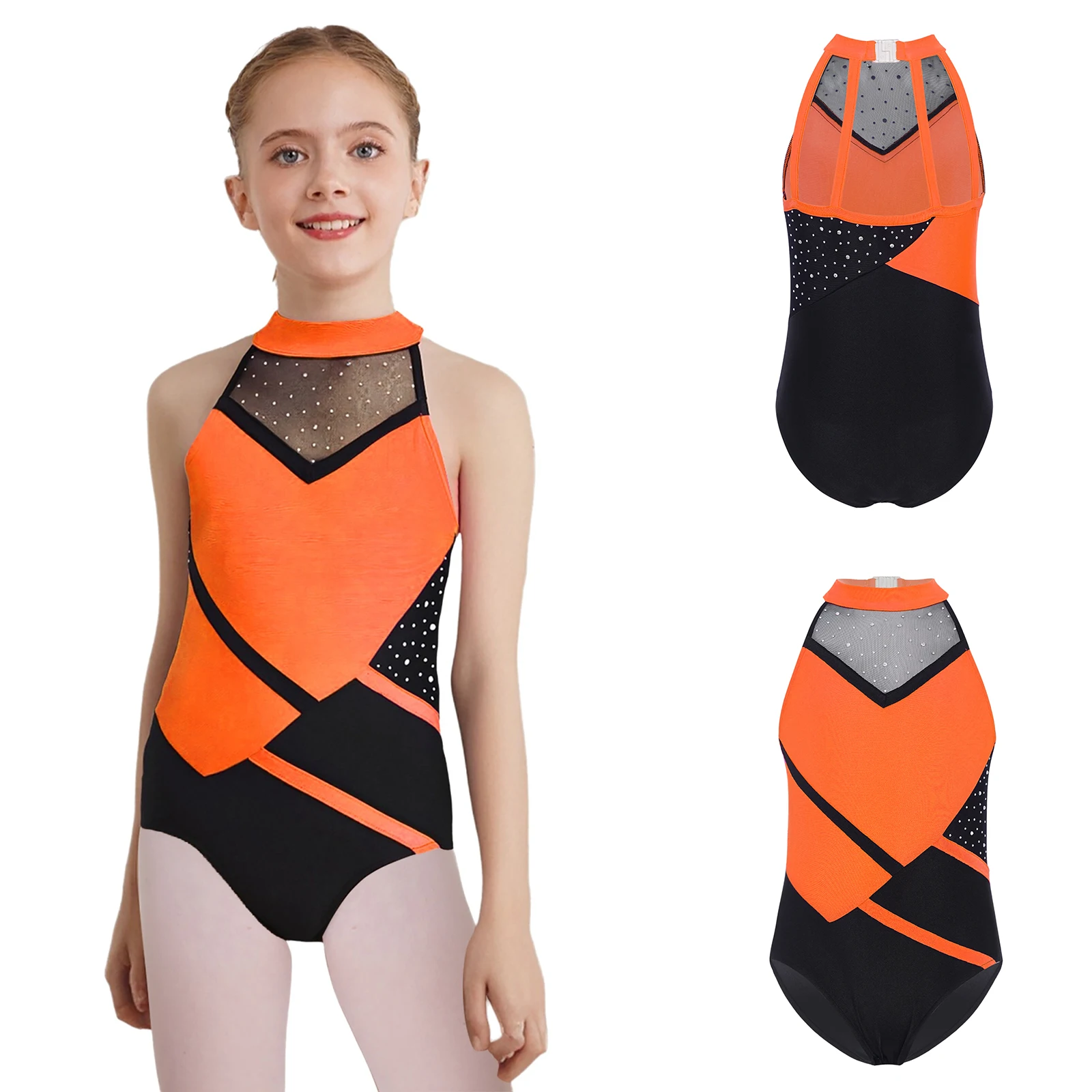 

Girls Figure Skating Acrobatics Gymnastics Leotard Sleeveless Color Block Glittery Rhinestones Unitard Ballet Dance Bodysuit
