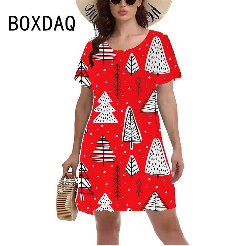 Women Short Sleeve O-Neck Casual T-Shirt 3D Christmas Element Print Mini Dress Fashion Lady Personality Dress Vestidos De Mujer