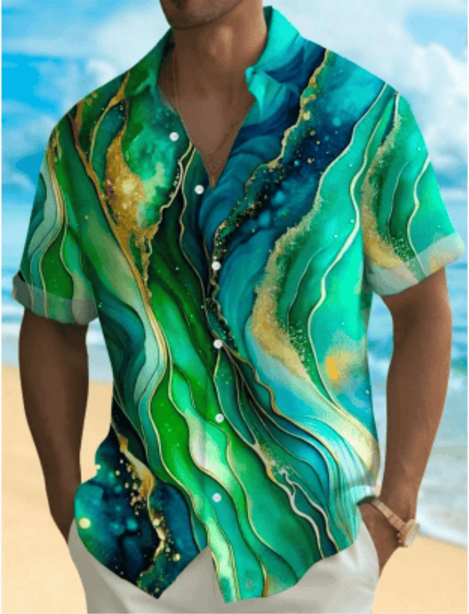 

Men's Fluid Marble Print Short Sleeve Shirt, Spring Summer Luxury Hawaiian Vacation Blouse, Loose Casual Top