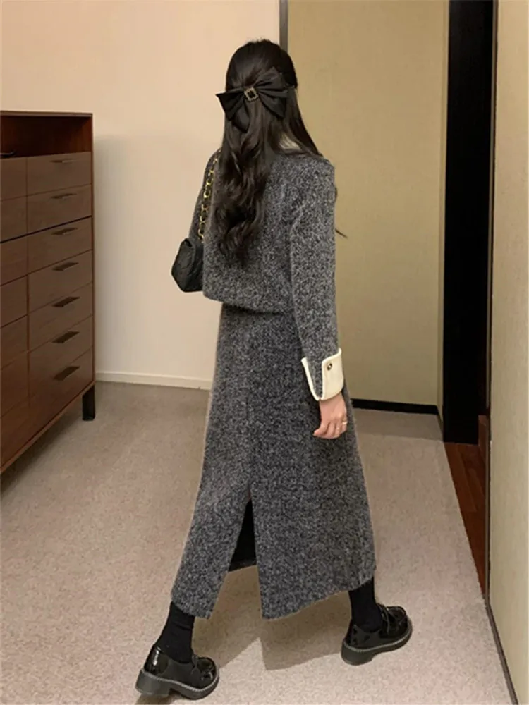 Skirt Suits 2025 New Autumn-Winter Korean-style Ensemble High-end Butterfly Knot Woolen Outerwear + Skirts Two-Piece Set Women