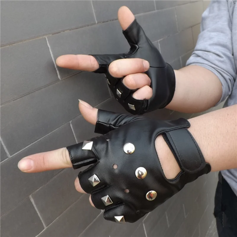 Black Studded PU Leather Fingerless Gloves Fashion Hip Hop Gym Punk Half Finger Gloves for Adult Halloween Cosplay Gloves