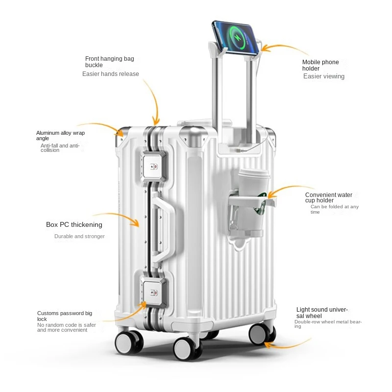 กระเป๋าเดินทางอลูมิเนียมคุณภาพสูงแบบหนาพร้อมพอร์ตชาร์จ ขนาด 20 นิ้ว ล้อลากคู่แบบหมุนได้ กระเป๋าเดินทางขึ้นเครื่องได้
