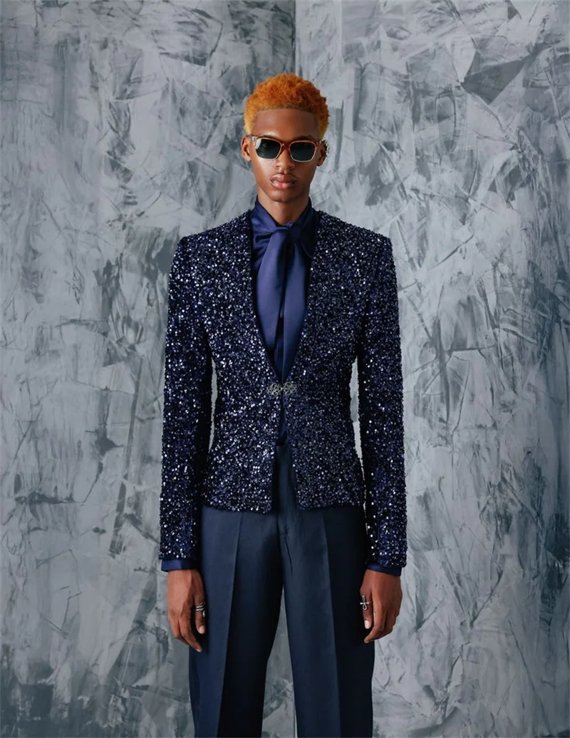 Glitter Sequins Men Suits Set 2 Pieces Blazer+Cotton Pants Trousers Wedding Tuxedos Jacket Formal Office Business Male Coat