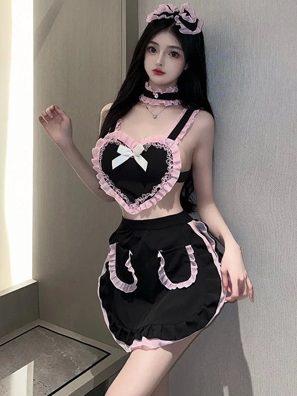 Neue sexy Liebe Schlinge Bogen Volant niedlichen weichen Mädchen Set koreanischen Stil zweiteilige Outfits für Frauen Sommer jk Uniform trend ige Kleidung p54