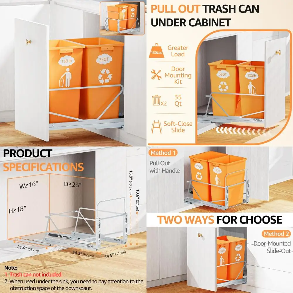 

Double 35-Liter Pullout Trash Can with Soft-Close Slides, Twin Under-Sink Garbage Bin Kit for Kitchen and Cabin with Door Mounti