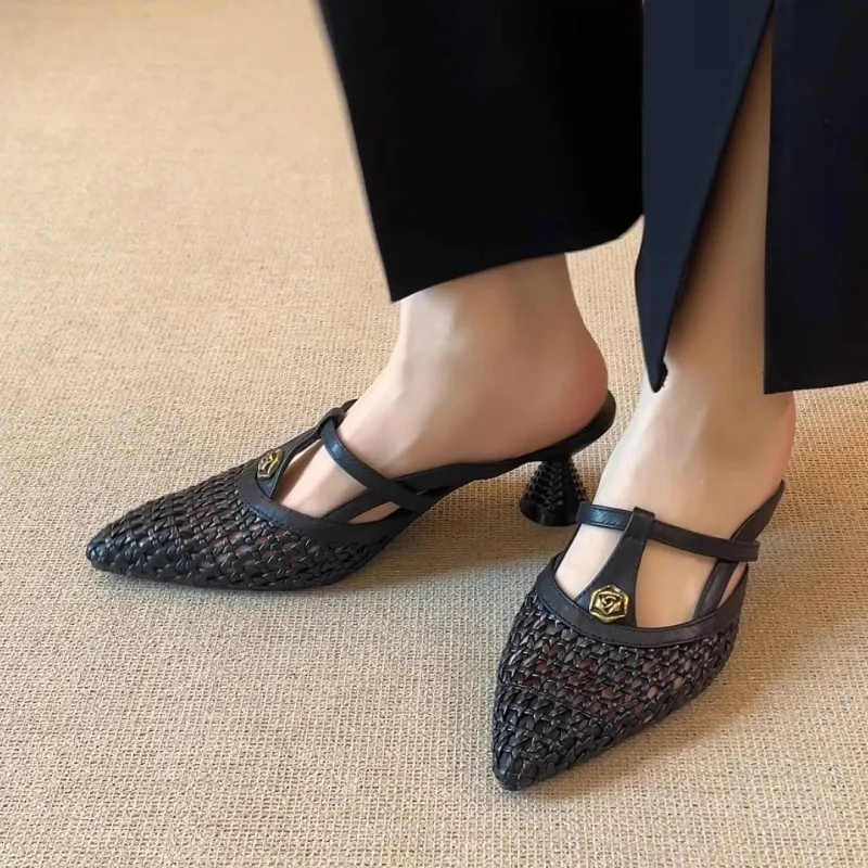 الفرنسية قسط عالية الكعب النساء النعال زهرة أنيقة البغال أحذية الكعب الصنادل 2025 الصيف الشرائح فستان مضخات أحذية امرأة