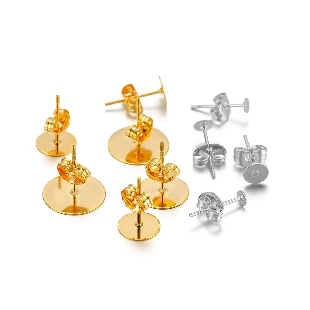 

100Pcs/lot Stainless Steel Steel Color Round Flat Blank Ear Settings Earrings Studs Base for DIY Woman Jewelry Making Findings