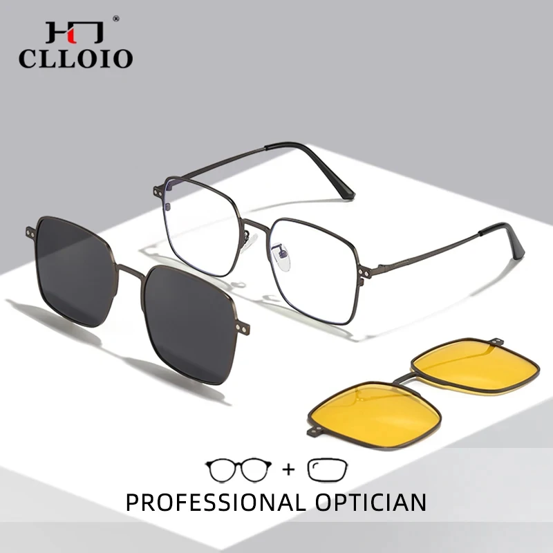 

CLLOIO New Style 3 In 1 Magnet Clip On Optical Myopia Glasses Men Driving Polarized Sunglasses With Prescription Reading Glasses