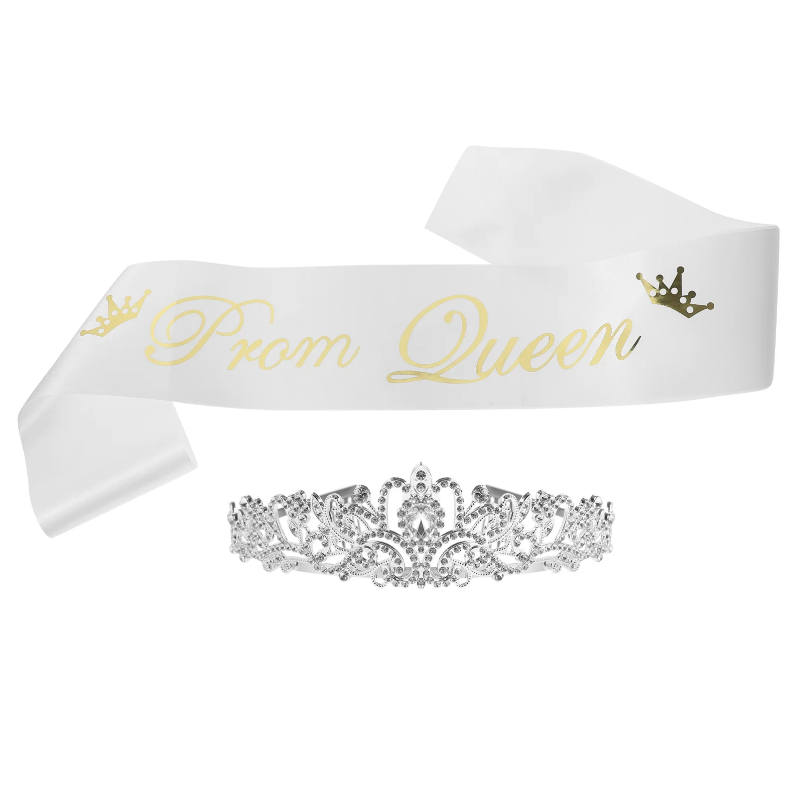 

1 Piece Crown and Prom Queen Satin Sash White Rhinestone Headband Set for Wedding Prom Graduation Party Decorations
