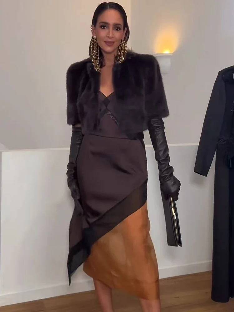 ﻿ TFMLN Women's Asymmetry Satin Dress 2026 New Chic Elegance Sexy V-neck Sling Evening Fashion Irregular Hem Splice Midi Dress