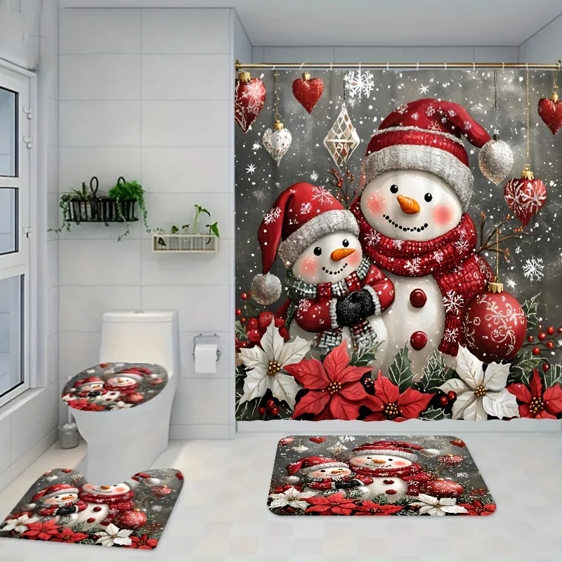 

Рождественский набор для ванной комнаты со снеговиком, который можно стирать в машине, устойчивый к выцветанию комплект для ванны из полиэстера, включает в себя крючки, модный тематический комплект