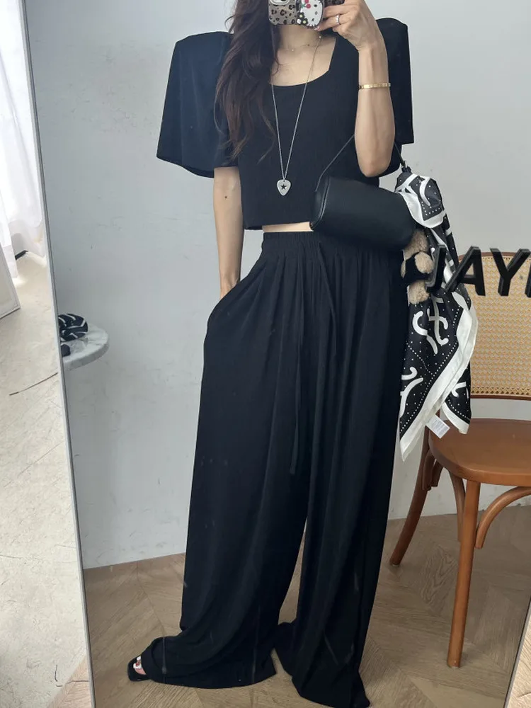 Bubble Sve ort Coat Women's Collar Slim Fit Top And Loose Wide Leg Pants Set Elastic Waisand Versatile Summer Outfit