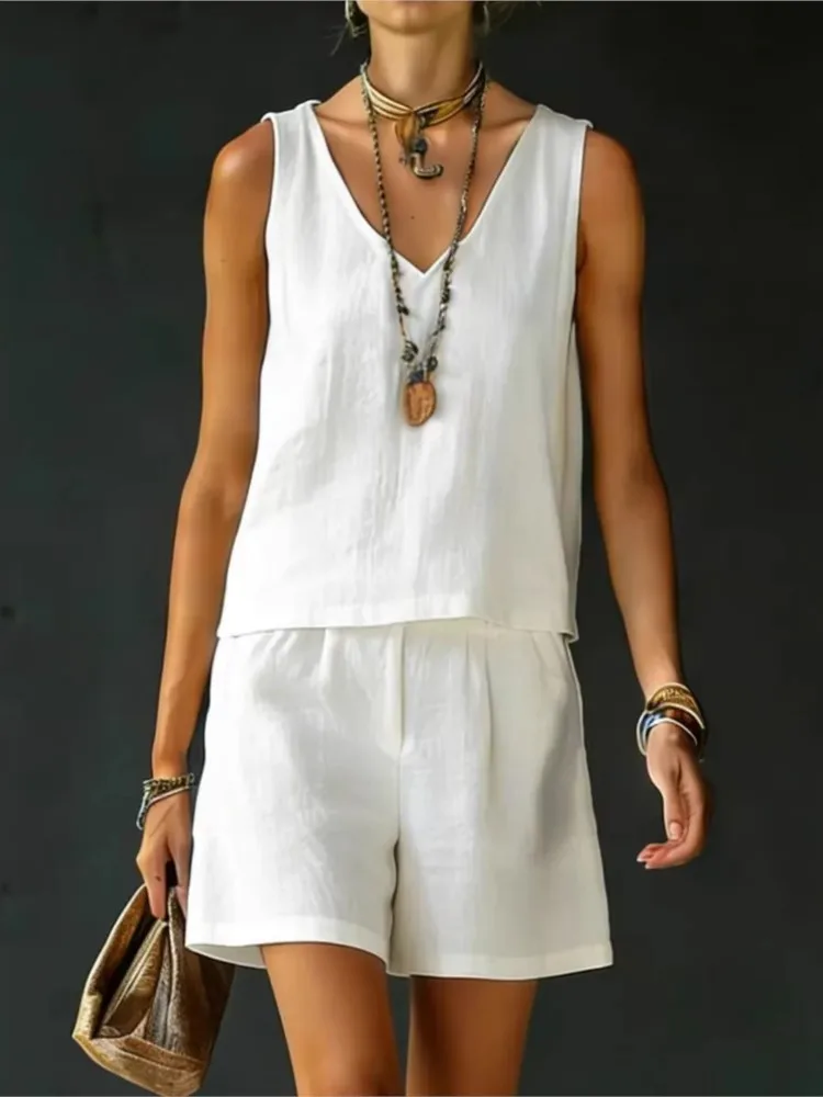 

Summer New Fashion Casual Vest Shorts Suit For Women Elegant White Office Holiday Party Woman 2 Piece Set Outfit Women Clothes