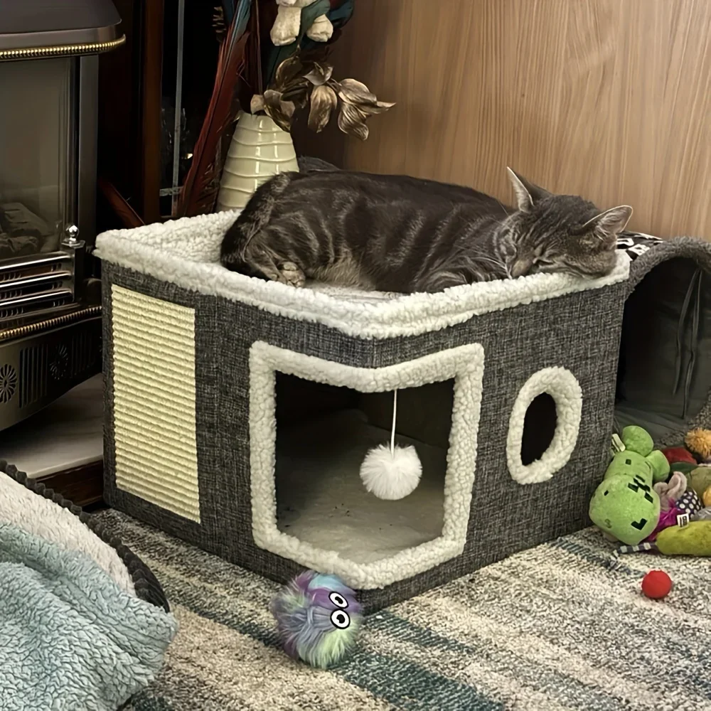 Luxury Double-Layered Cat Bed - All-Season Enclosed Nest with Sisal Scratching Board & Non-Slip Base, Includes Mat - Grey